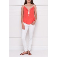 Débardeur avec motifs brodés sur le décoleté, liens à nouer avec pompons, bretelles tressées, 100% viscose, **taille M/L